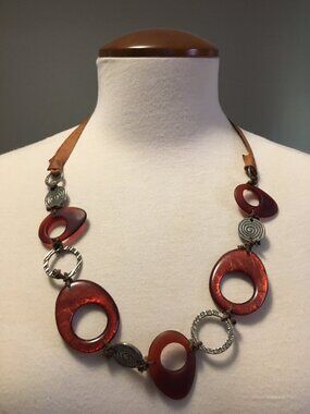 Artisanal Tagua Nut Statement Necklace 28" Leather, Metal Spiral & Hammered Ring